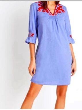Madewell Blue Dress with Red Floral Embroidery